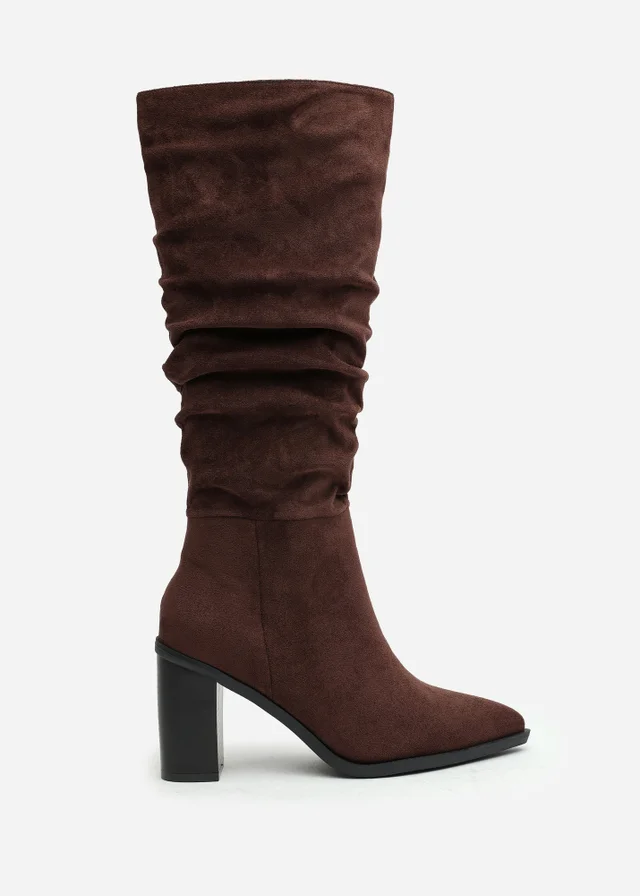 Where's That From Primrose Dark Brown Faux Suede Block Heel Boots