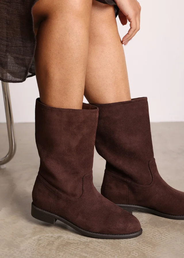 Where's That From Colette Dark Brown Faux Suede Mid Calf Boots