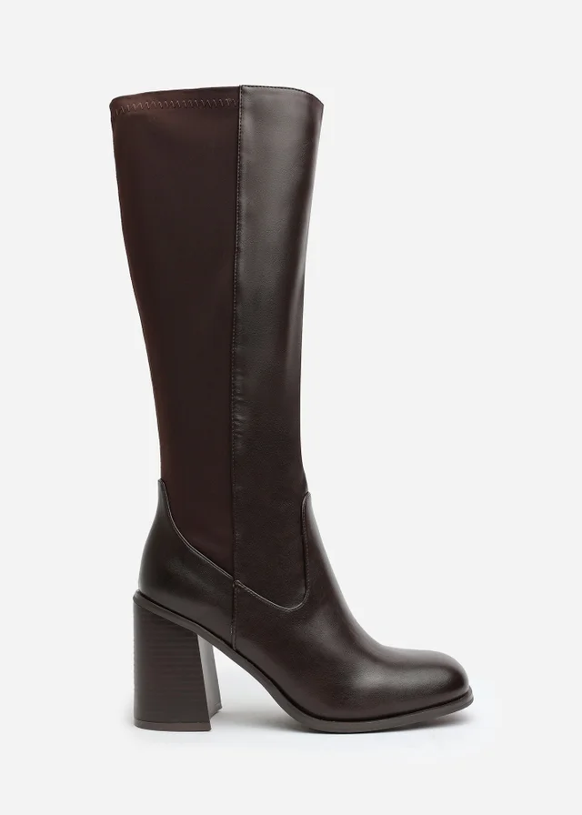 Where's That From Zhuri Wide-Fit Brown PU Knee High Boots