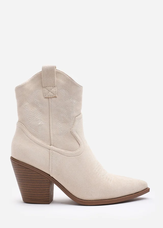 Where's That From Seraphina Beige Suede Western Cowboy Ankle Boots