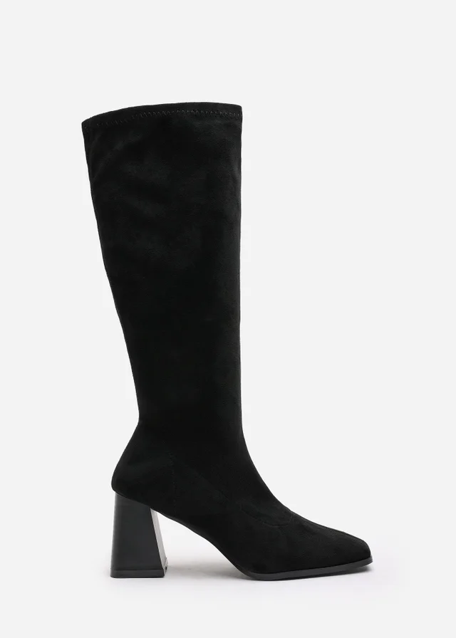 Where's That From Whitney Black Suede Stretch Calf Block Heel Boots