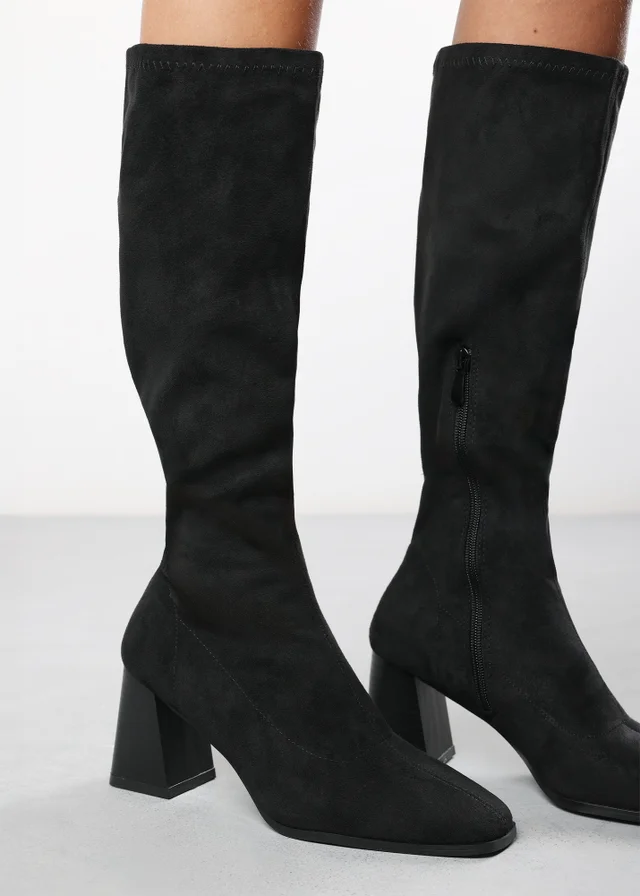 Where's That From Whitney Black Suede Stretch Calf Block Heel Boots