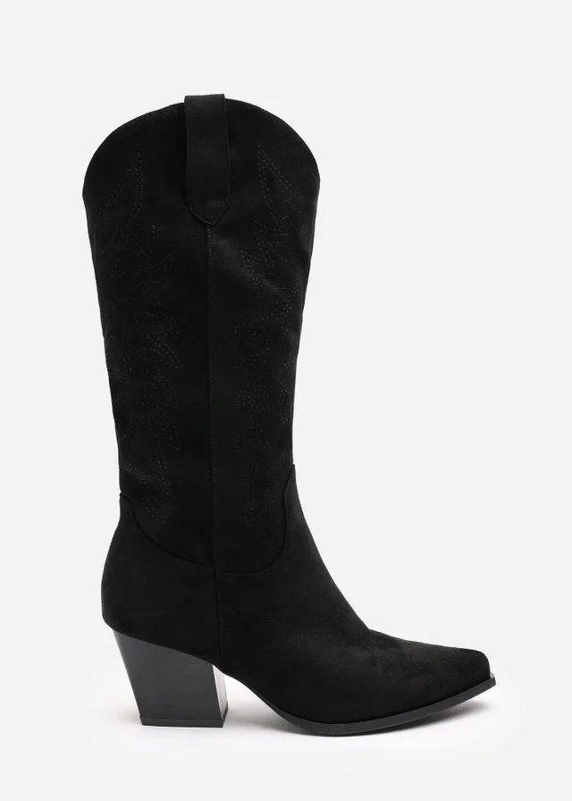 Where's That From Yasmine Black Suede Western Cowboy Calf Boots