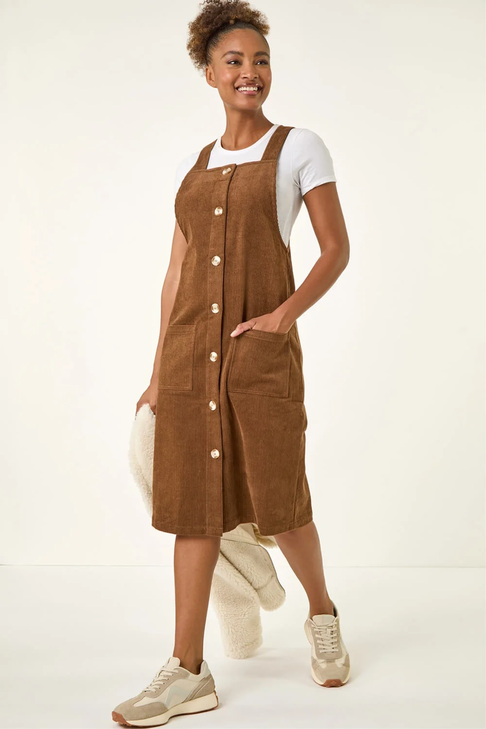 Roman Chocolate Corduroy Pinafore Midi Dress - 12 Image 2
