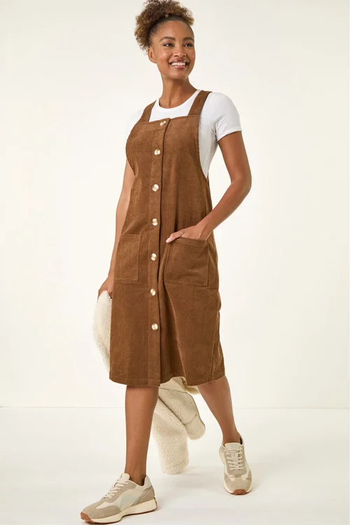 Roman Chocolate Corduroy Pinafore Midi Dress - 12 Image 2