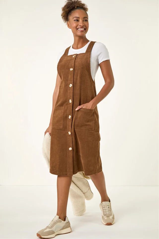 Roman Chocolate Corduroy Pinafore Midi Dress