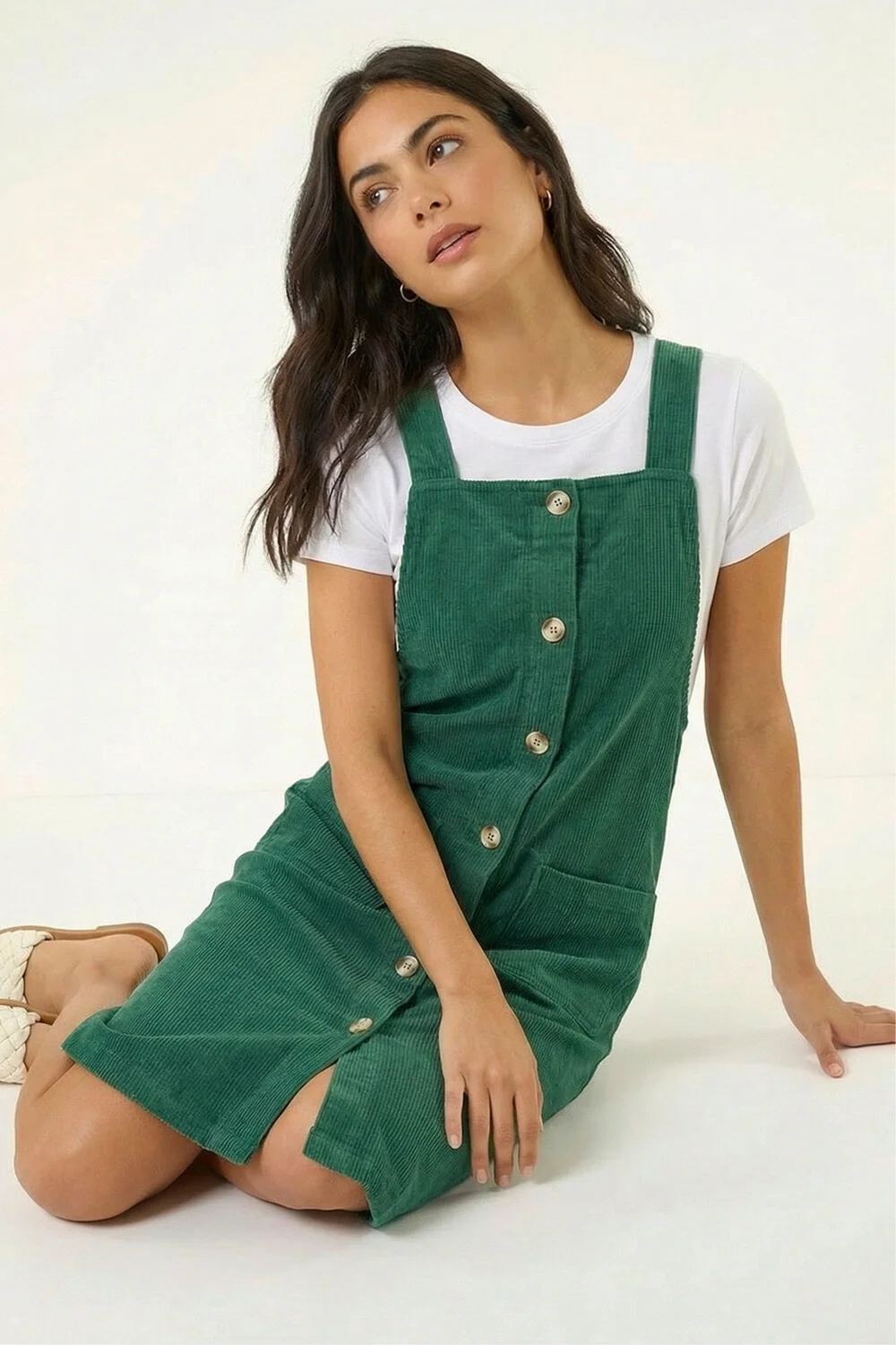 Roman Green Corduroy Pinafore Midi Dress - 10 | Matalan Roman Green Corduroy Pinafore Midi Dress - 10 | Matalan
