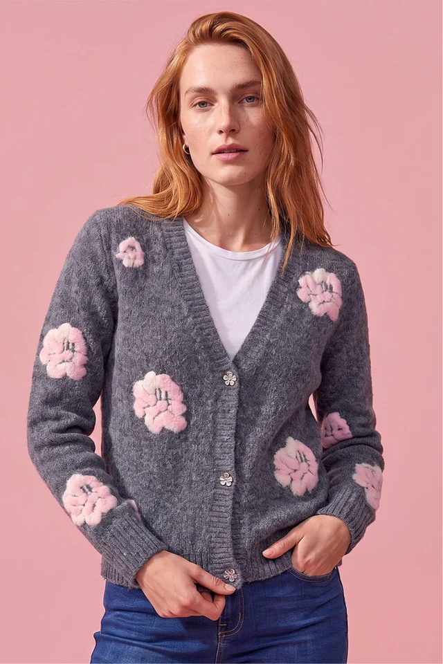 Roman Grey Embossed Floral Knit Cardigan