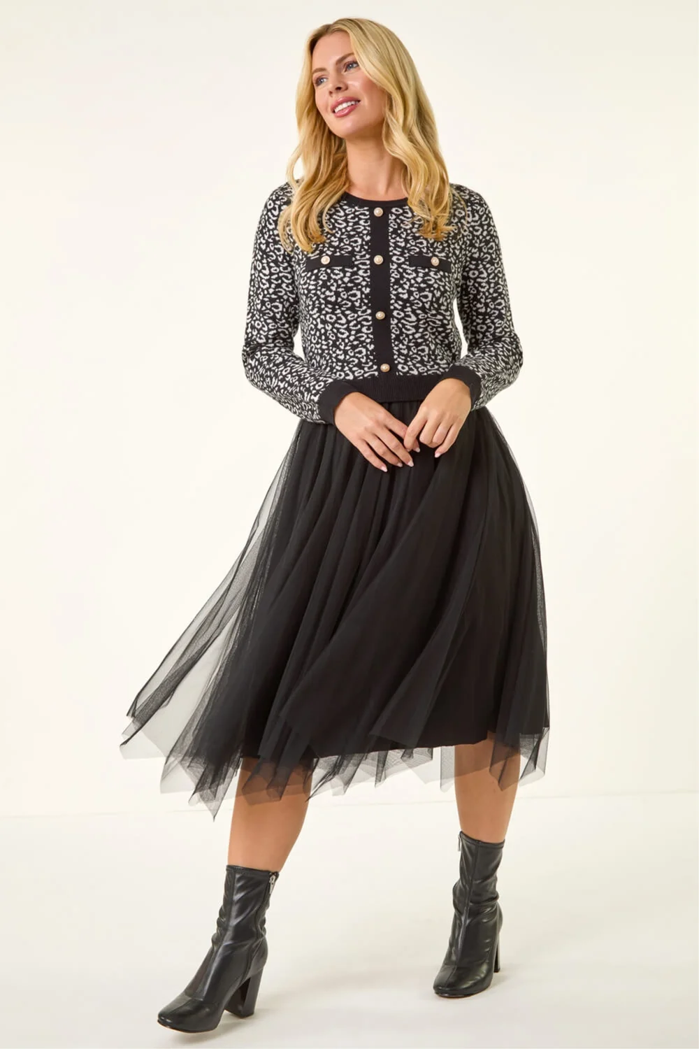 Roman Black Petite Animal Knitted Mesh Dress - 14 Image 2
