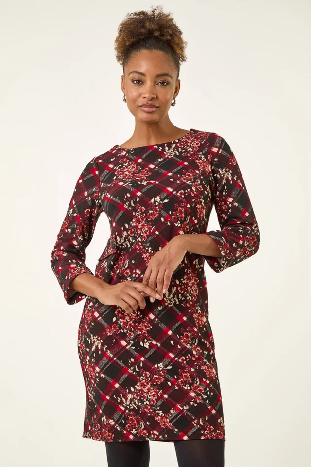 Roman Wine Floral Plaid Panel Shift Dress