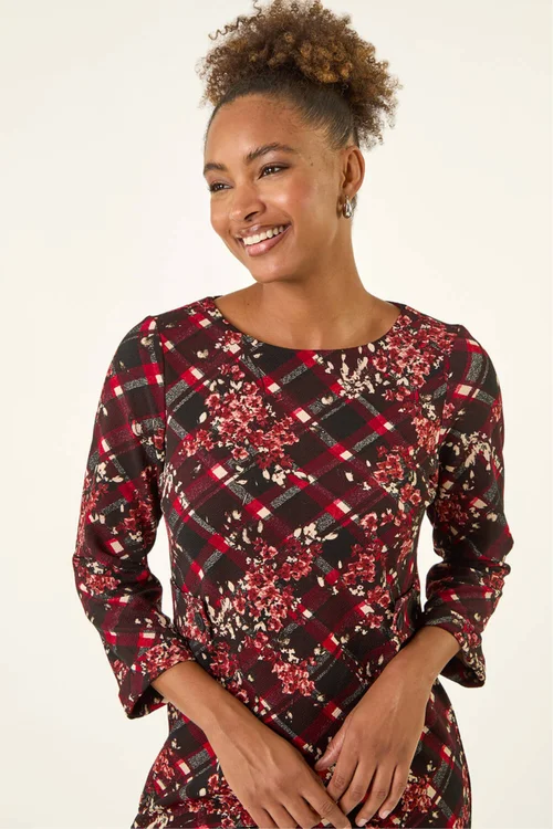 Roman Wine Floral Plaid Panel Shift Dress - 16 Image 4