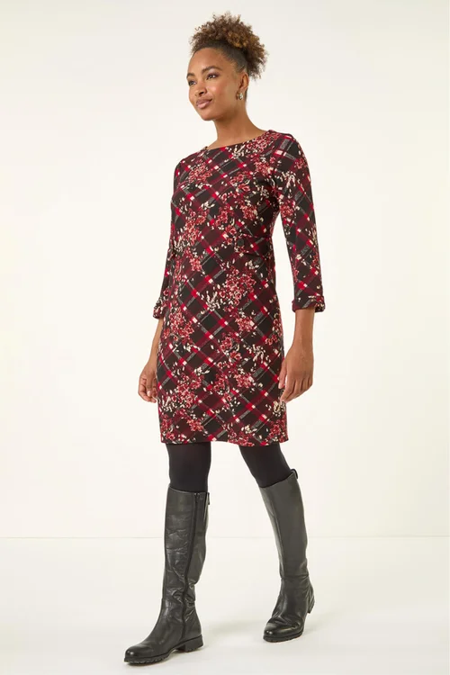 Roman Wine Floral Plaid Panel Shift Dress - 16 Image 1