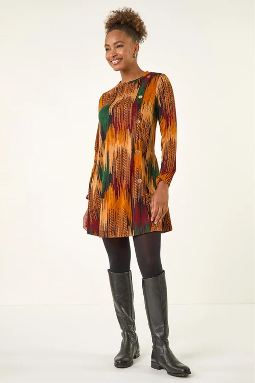 Roman Copper Abstract Side Buttoned Dress - 10 Image 2