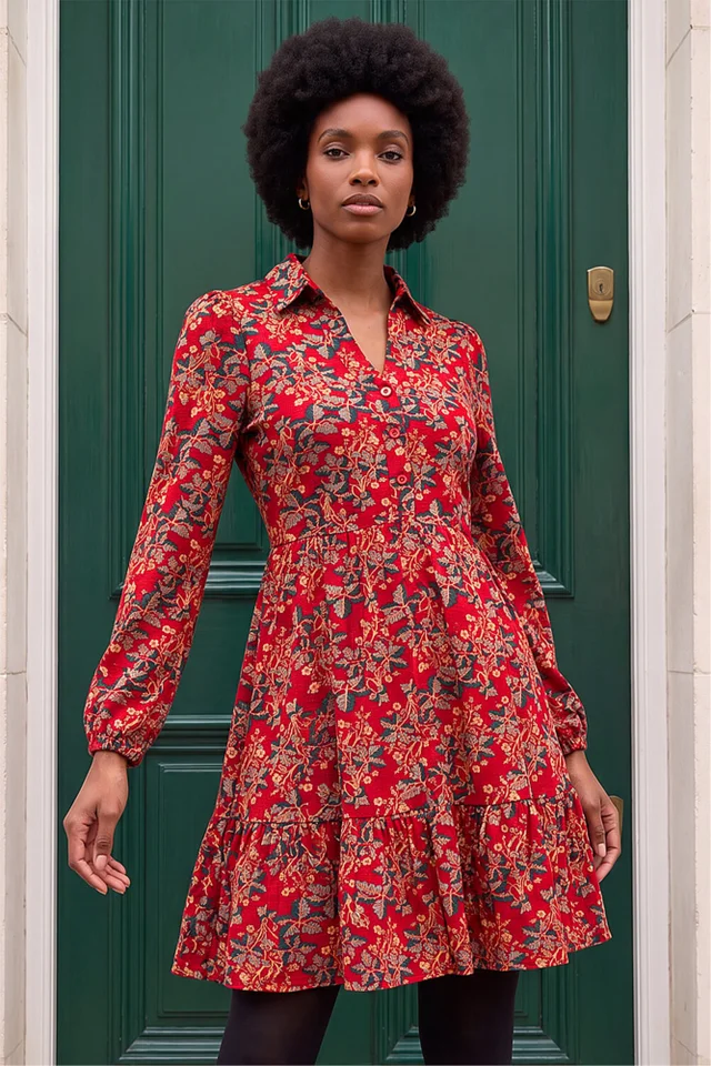 Roman Red Floral Print Button Stretch Dress