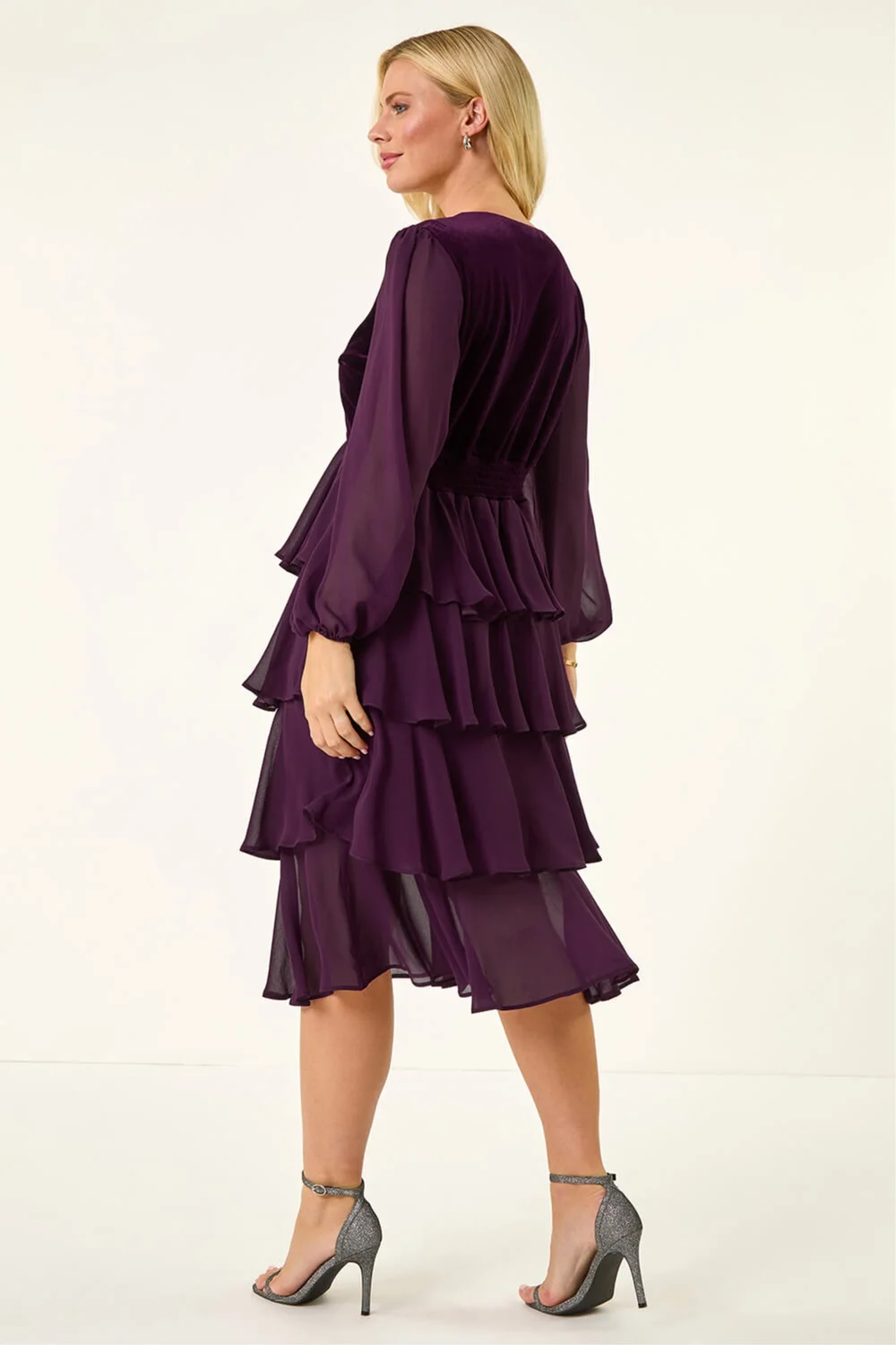 Roman Plum Petite Velvet Tiered Midi Stretch Dress - 10 Image 4