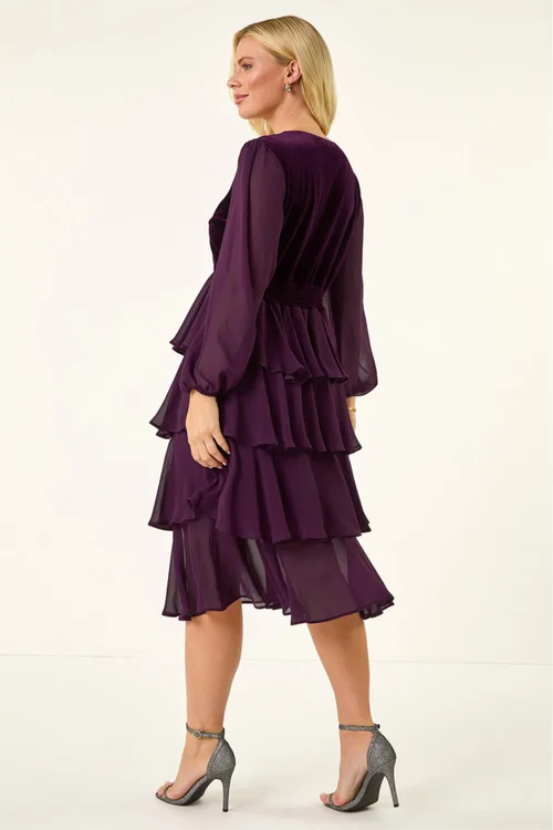Roman Plum Petite Velvet Tiered Midi Stretch Dress - 10 Image 4