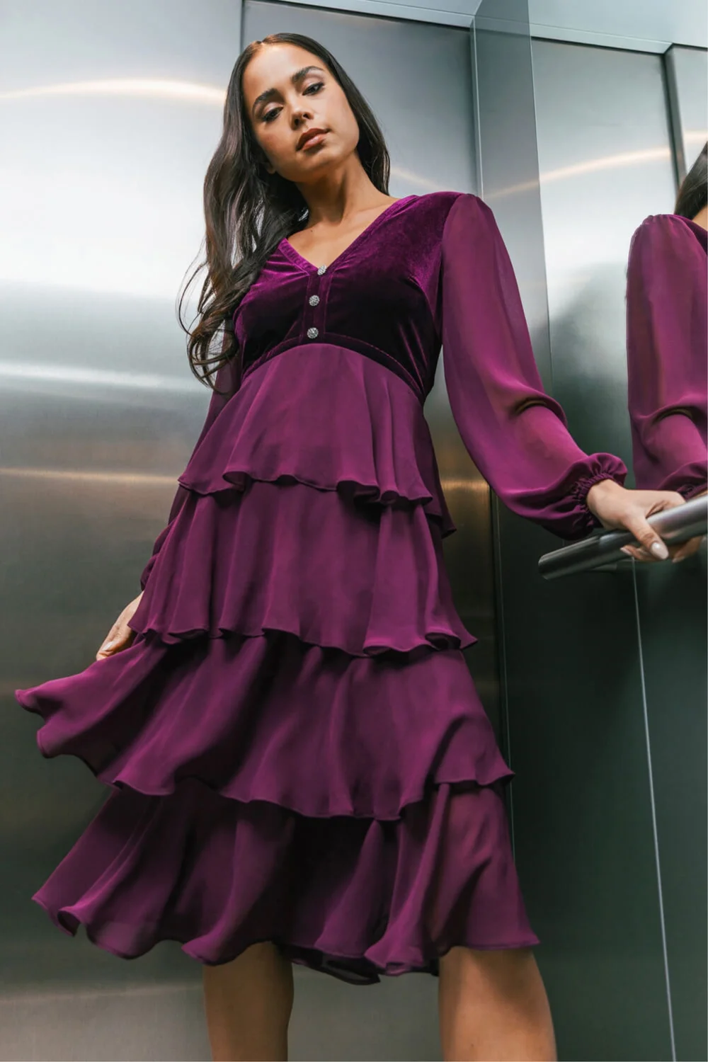 Roman Plum Petite Velvet Tiered Midi Stretch Dress - 10 Image 1