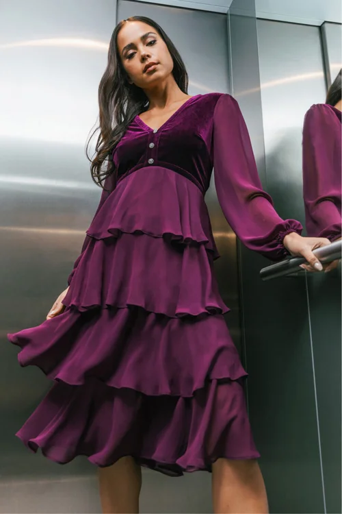 Roman Plum Petite Velvet Tiered Midi Stretch Dress - 10 Image 1