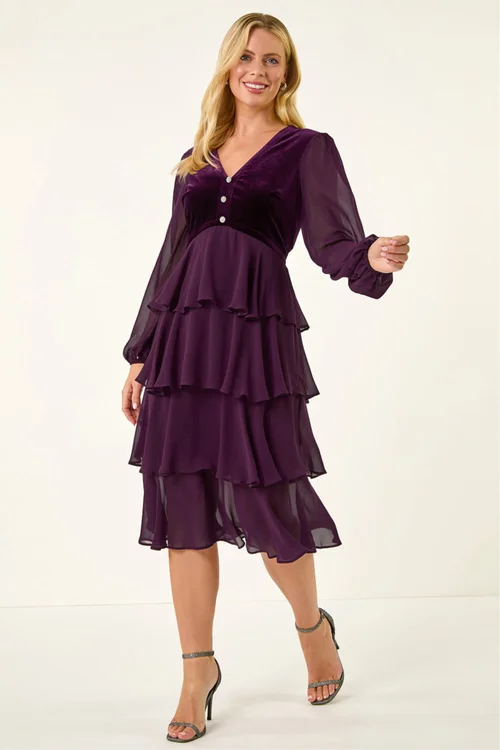 Roman Plum Petite Velvet Tiered Midi Stretch Dress - 10 Image 3