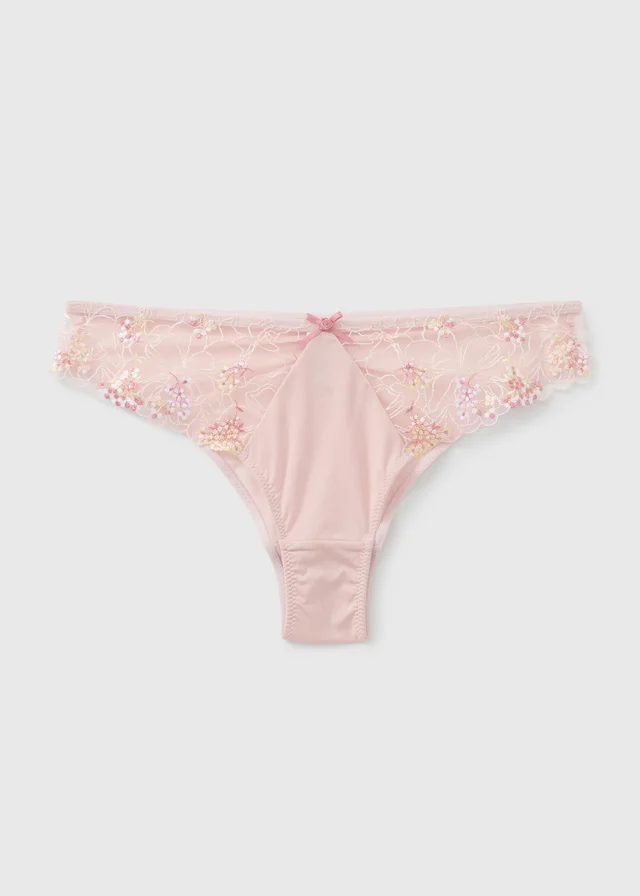 Pink Floral Embroidered Brazilian Knickers