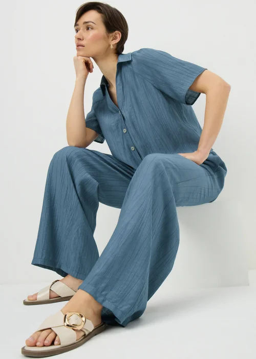 Blue Crinkle Textured Wide Leg Co Ord Trousers - 22 S Image 1