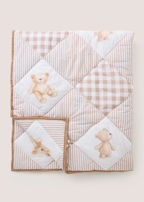 Beige Patch Teddy Bear Patchwork Large Quilted Throw Image 1