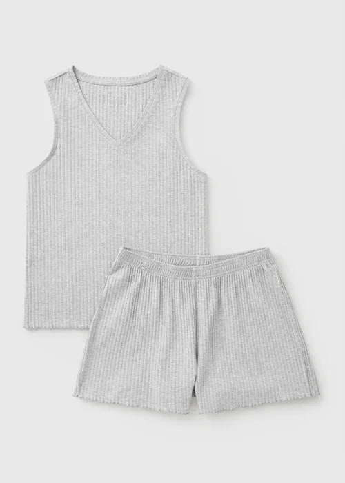Grey Ribbed Vest Short Pyjama Set - XS Image 2