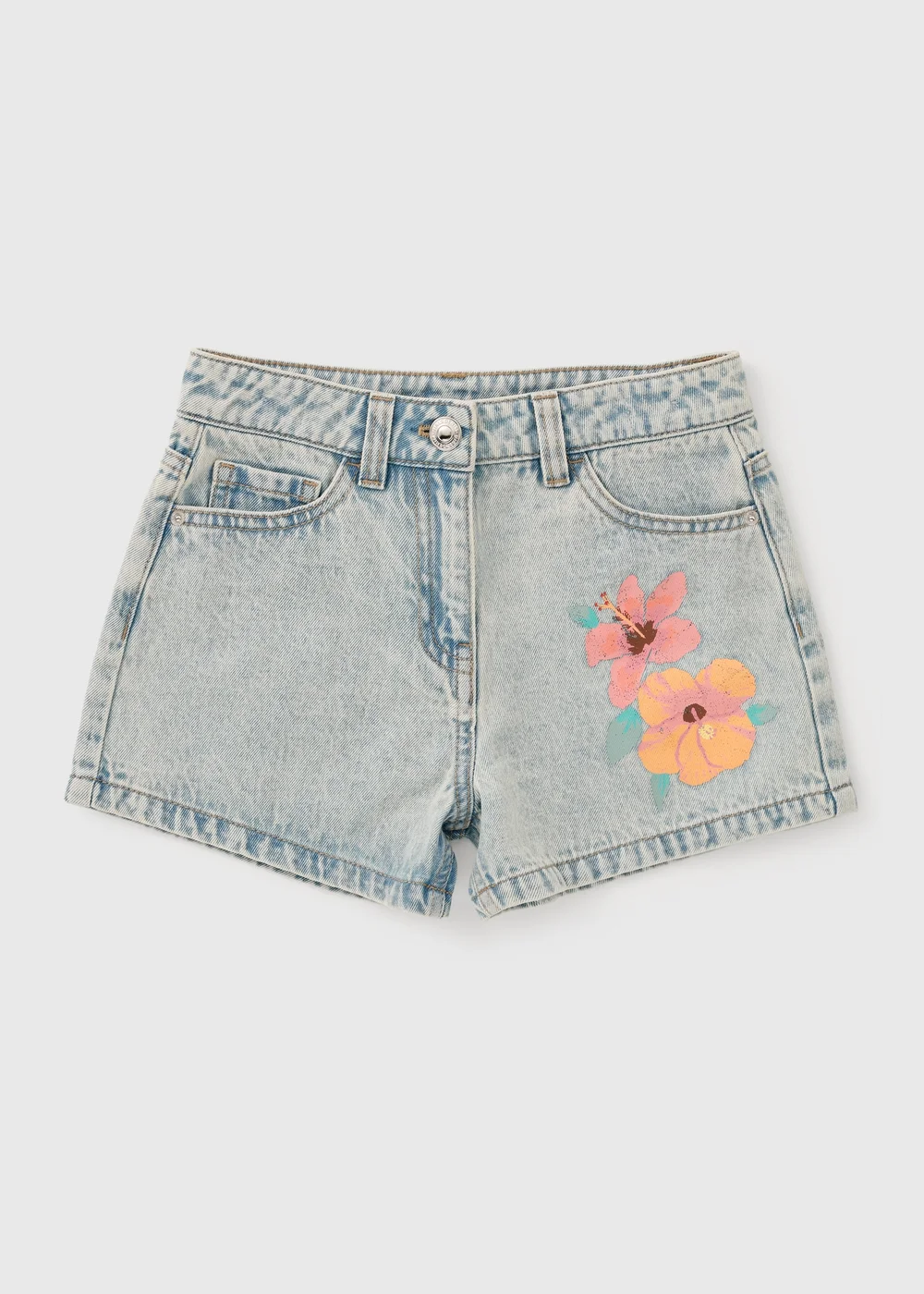 Girls Light Blue Hibiscus Flower Denim Shorts (7-15yrs) - 7 Yrs Image 1