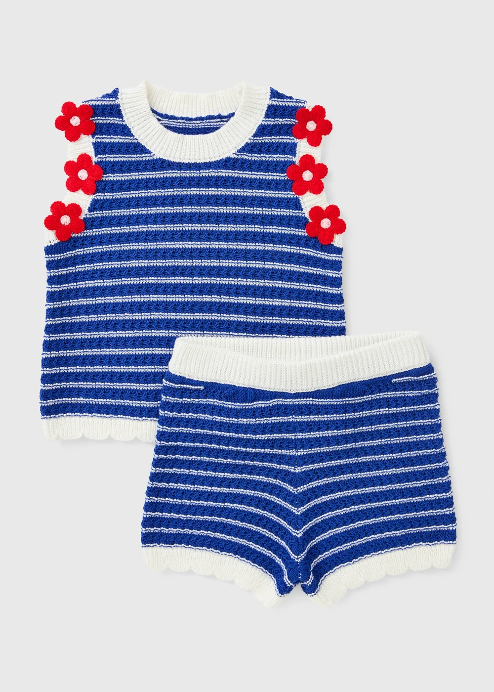 Girls Blue Stripe Flower Knit Vest & Short Set (1-7yrs) - 1-1.5 Yrs Image 1