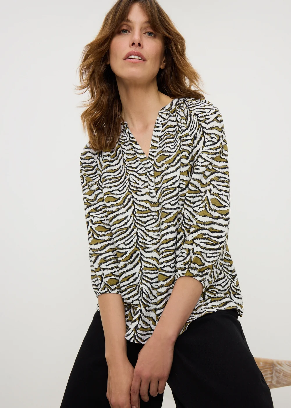 Khaki Zebra Print 3/4 Sleeve Popover Blouse - 8 Image 1