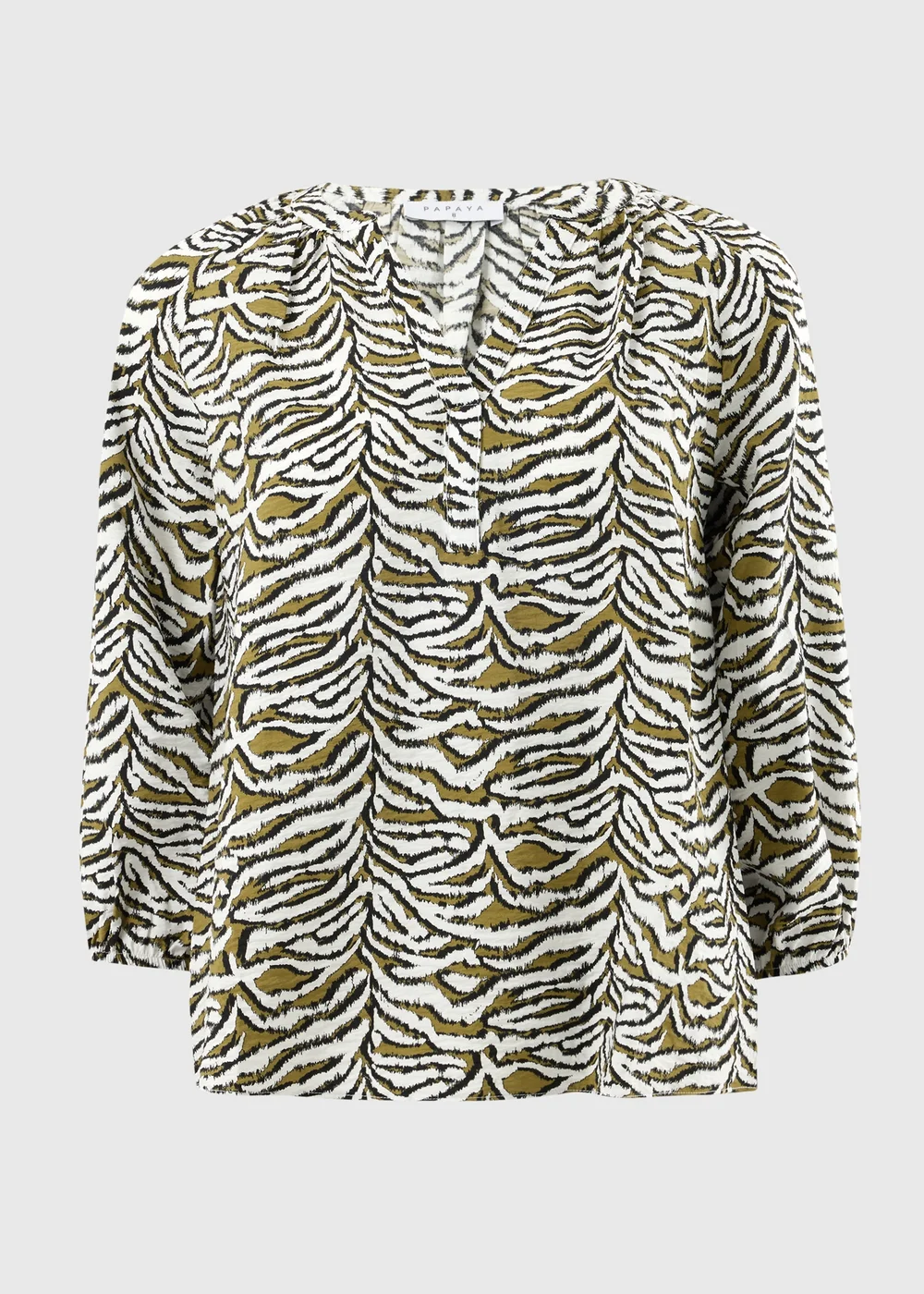 Khaki Zebra Print 3/4 Sleeve Popover Blouse - 8 Image 3