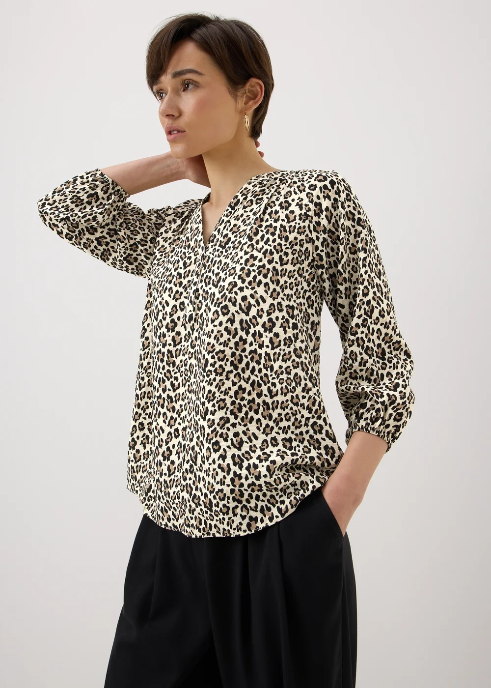 Brown Leopard Print 3/4 Sleeve Popover Blouse - 8 Image 1
