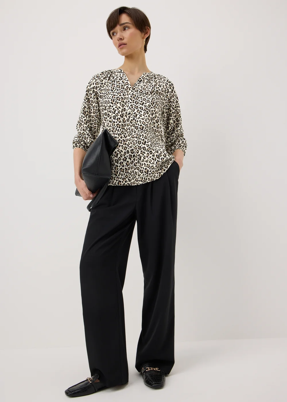 Brown Leopard Print 3/4 Sleeve Popover Blouse - 8 Image 2