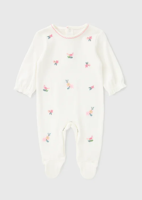 Baby White Floral Embroidery Sleepsuit (Newborn-12mths) - First Size Image 1