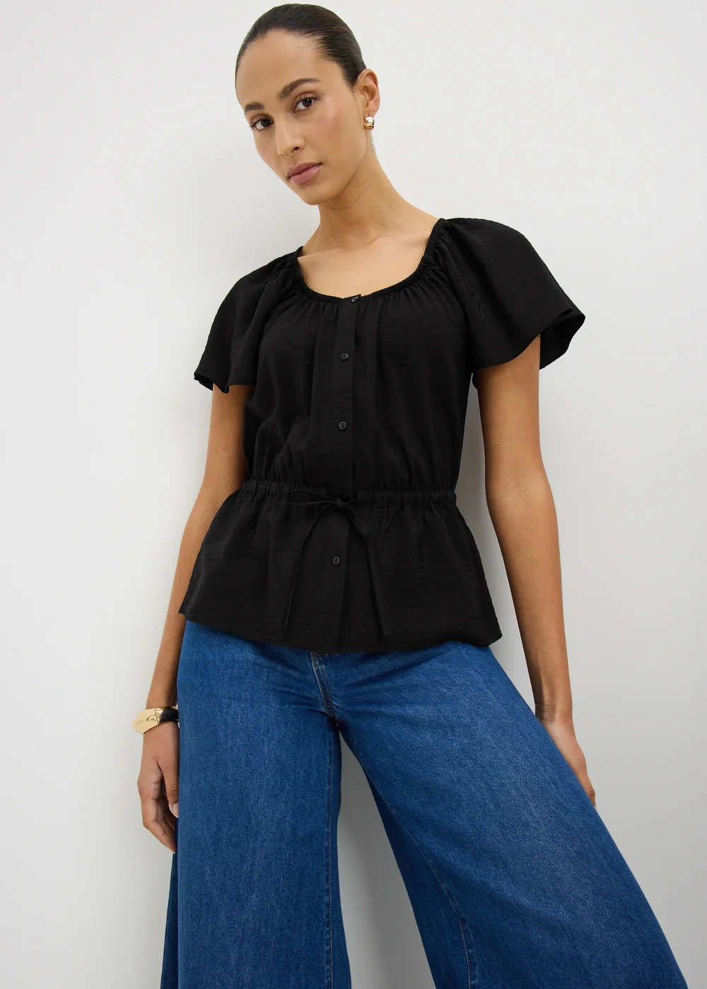 Black Angel Sleeve Tie Waist Shirt - 24 Image 1