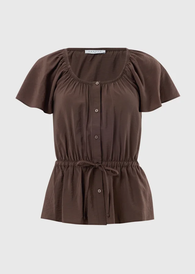 Chocolate Brown Angel Sleeve Tie Waist Shirt