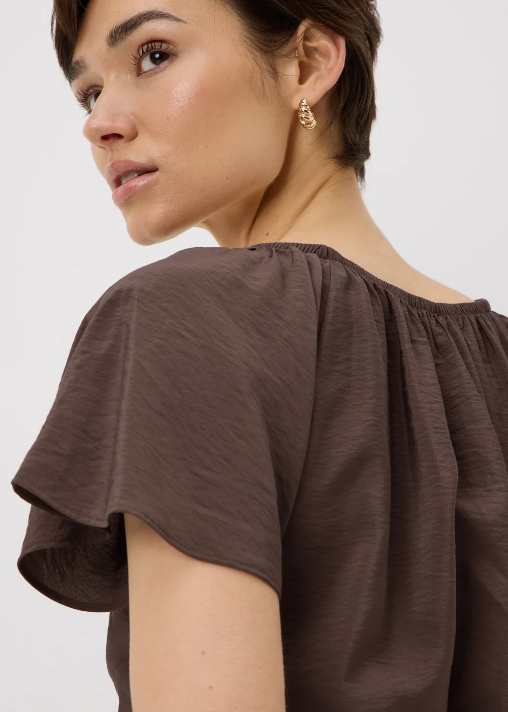Chocolate Brown Angel Sleeve Tie Waist Shirt - 26 Image 1