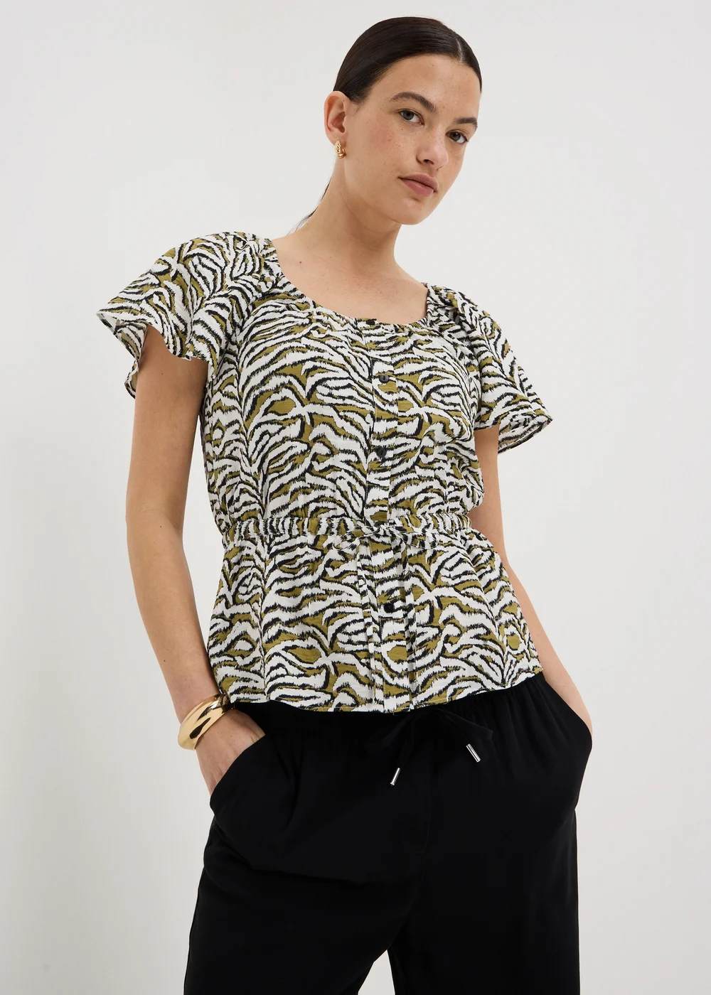 Khaki Zebra Print Angel Sleeve Tie Waist Shirt - 8 Image 1