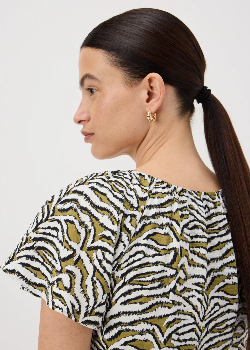 Khaki Zebra Print Angel Sleeve Tie Waist Shirt - 8 Image 2