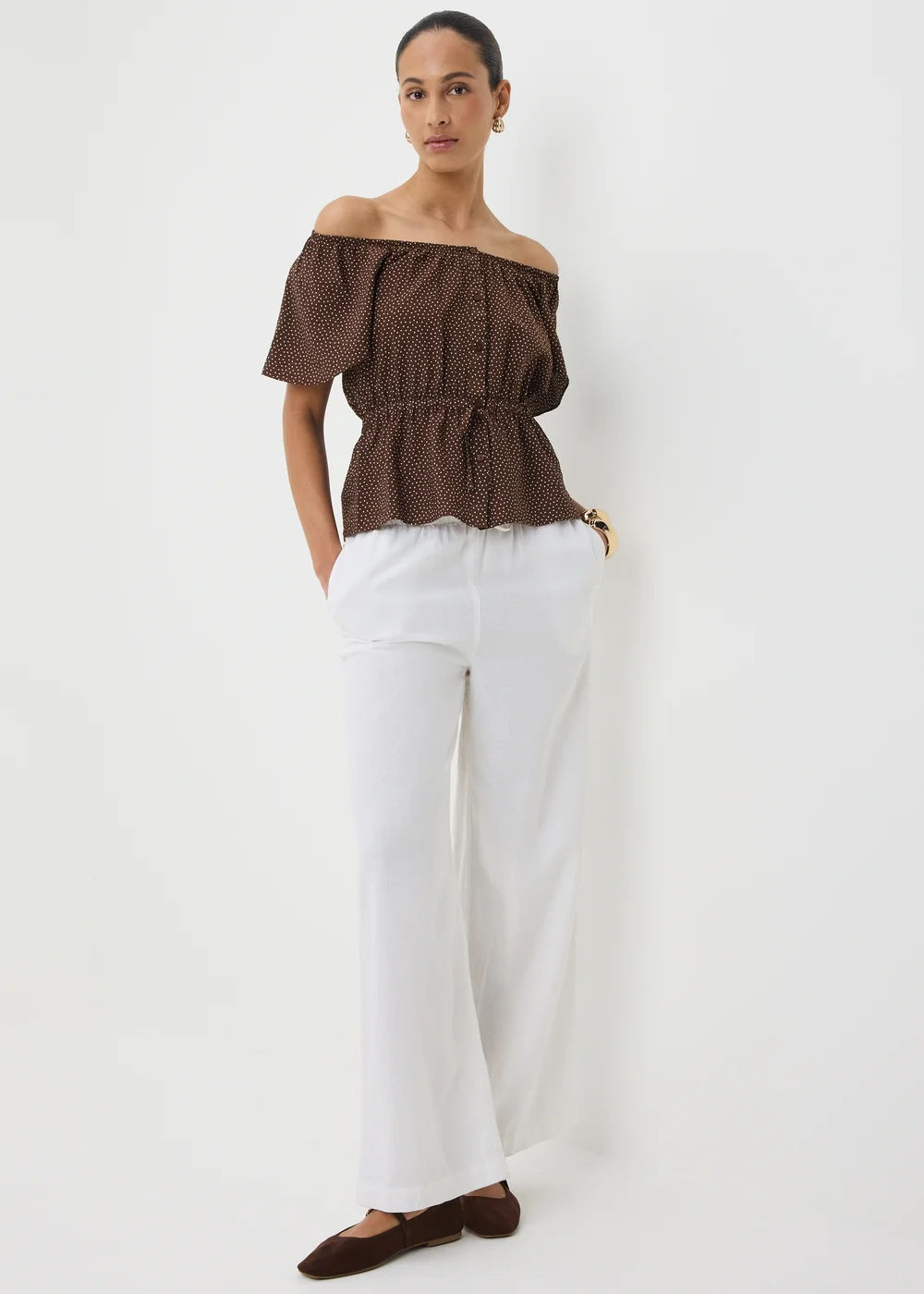 Chocolate Brown Spot Angel Sleeve Tie Waist Shirt - 10 Image 1