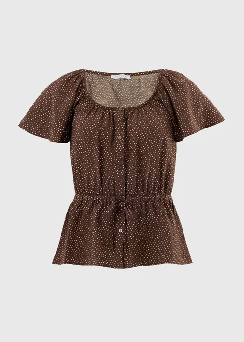 Chocolate Brown Spot Angel Sleeve Tie Waist Shirt - 10 Image 4