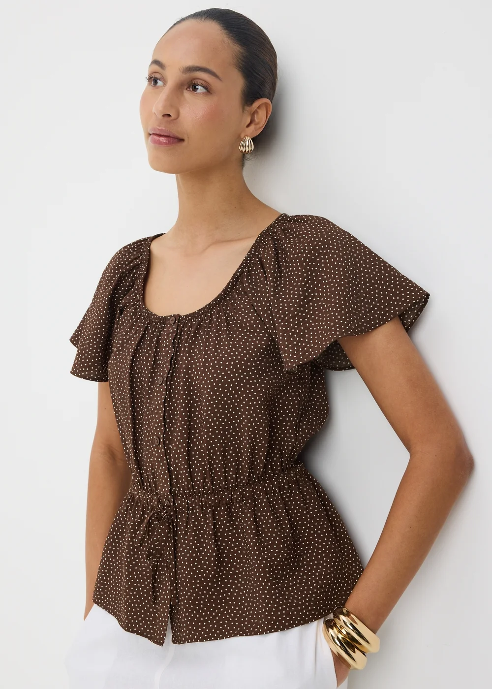 Chocolate Brown Spot Angel Sleeve Tie Waist Shirt - 10 Image 3
