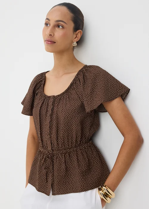 Chocolate Brown Spot Angel Sleeve Tie Waist Shirt - 10 Image 3