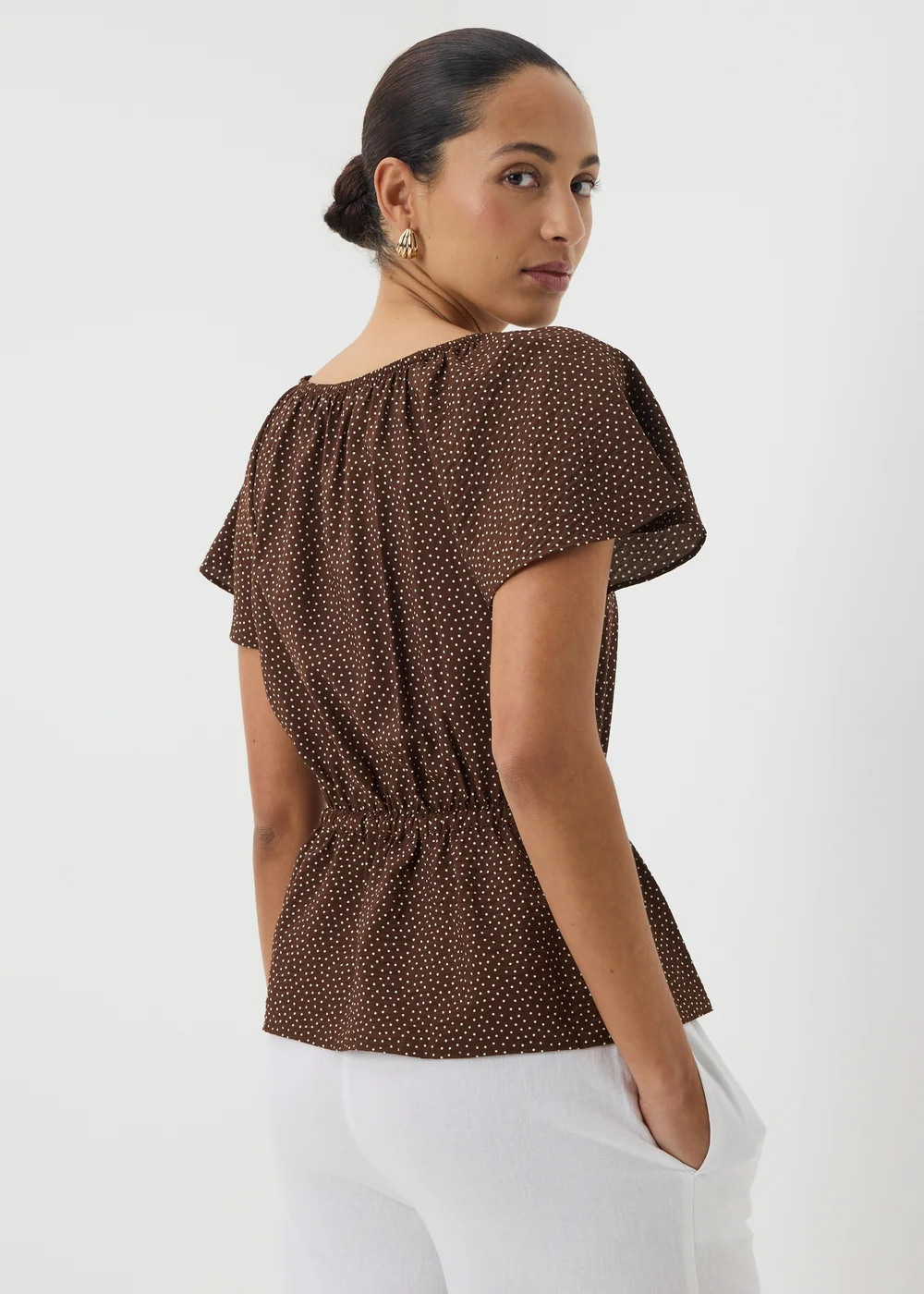 Chocolate Brown Spot Angel Sleeve Tie Waist Shirt - 10 Image 2