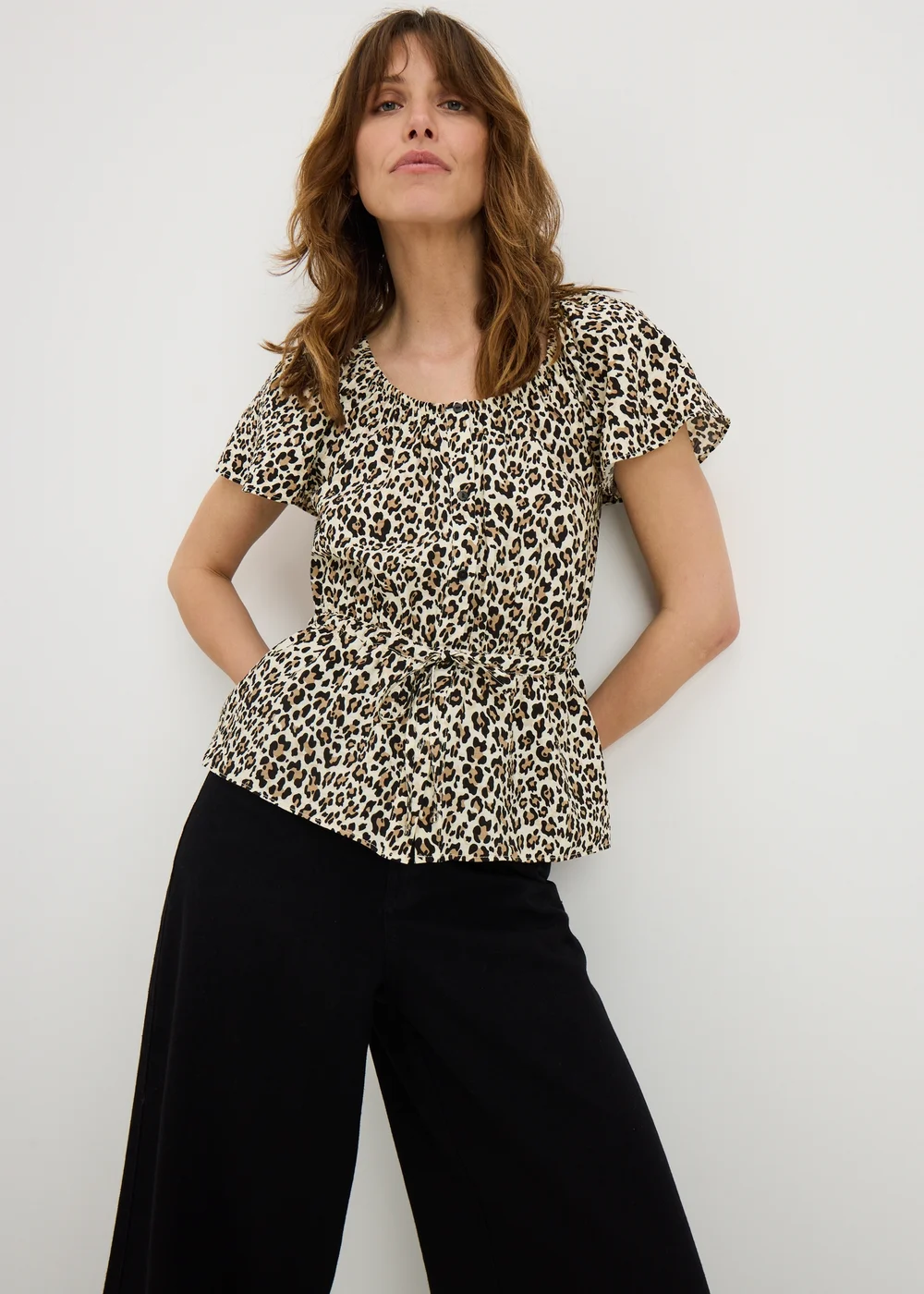 Brown Leopard Print Angel Sleeve Tie Waist Shirt - 10 Image 1