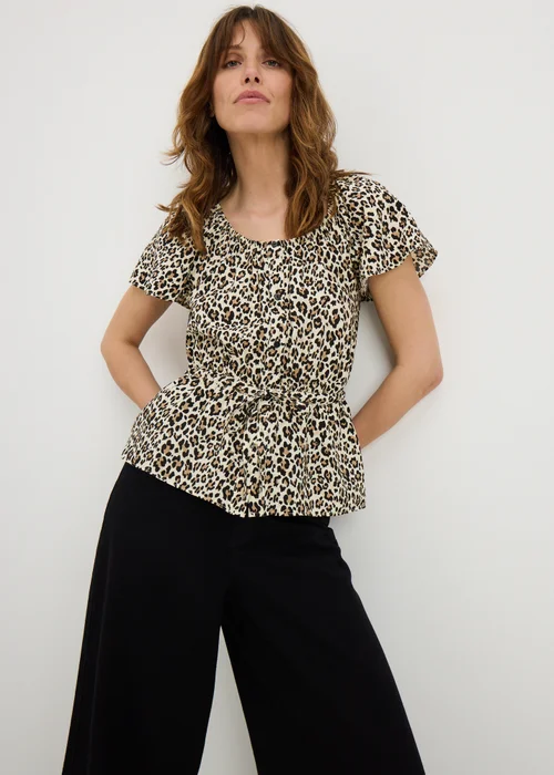 Brown Leopard Print Angel Sleeve Tie Waist Shirt - 10 Image 1
