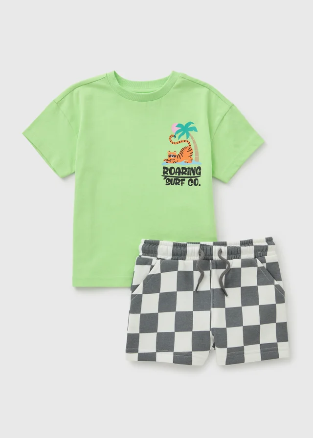Boys Lime Green Tiger Checkboard Top & Shorts Set (1-7yrs)