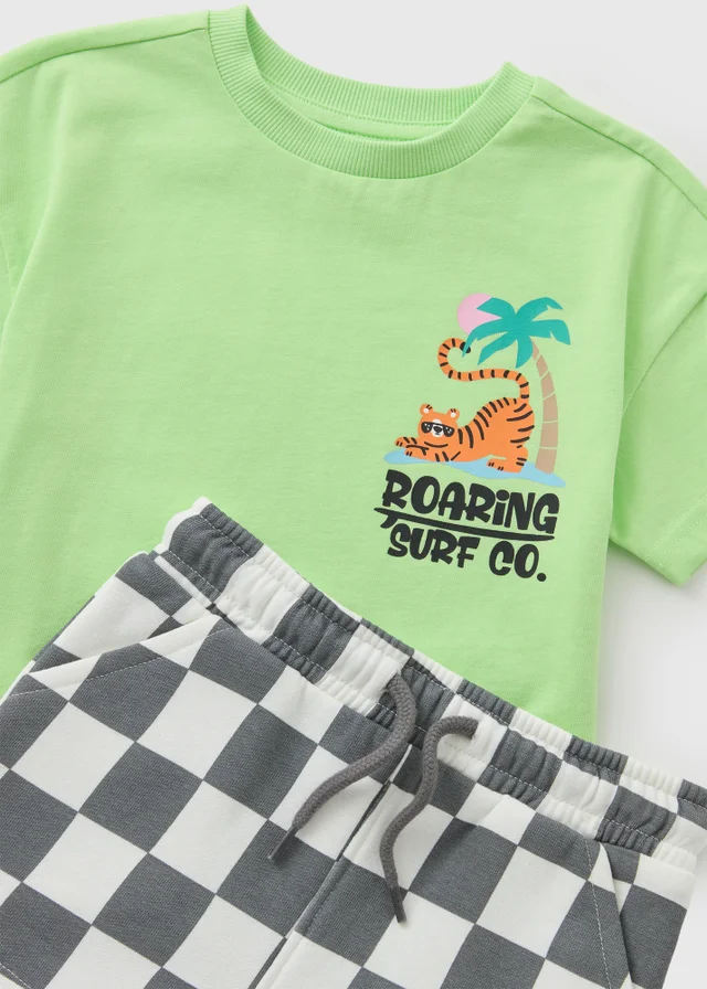 Boys Lime Green Tiger Checkboard Top & Shorts Set (1-7yrs)