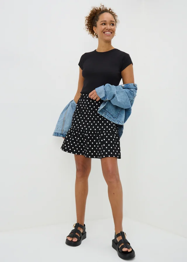 Black Polka Dot Jersey Mini Skirt
