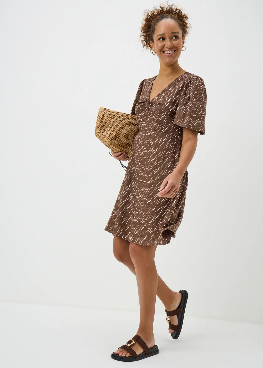 Chocolate Brown Spot Print Mini Tea Dress - Size 8 Image 1